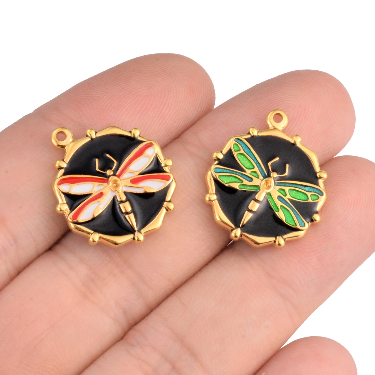 5pcs Stainless Steel Round Dragonfly Dot Diamond Gold Color Pendant Earring Necklace Charms Jewellery Making Supplies Wholesale