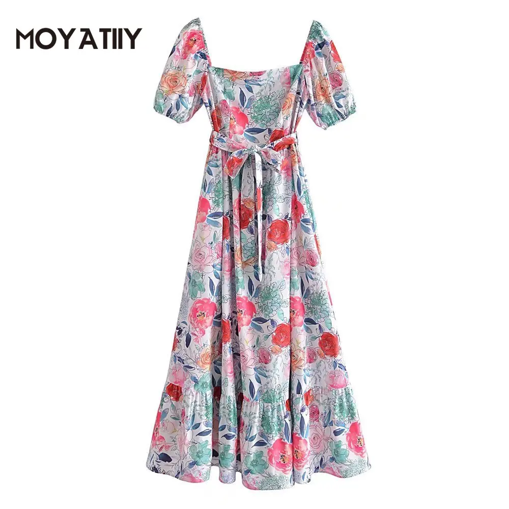 

MOYATIIY Women 2022 Fashion Summer Dress Retro Floral Print Rose Pattern Beach Dresses with Bow Lace Pluff Sleeve Female Vestido