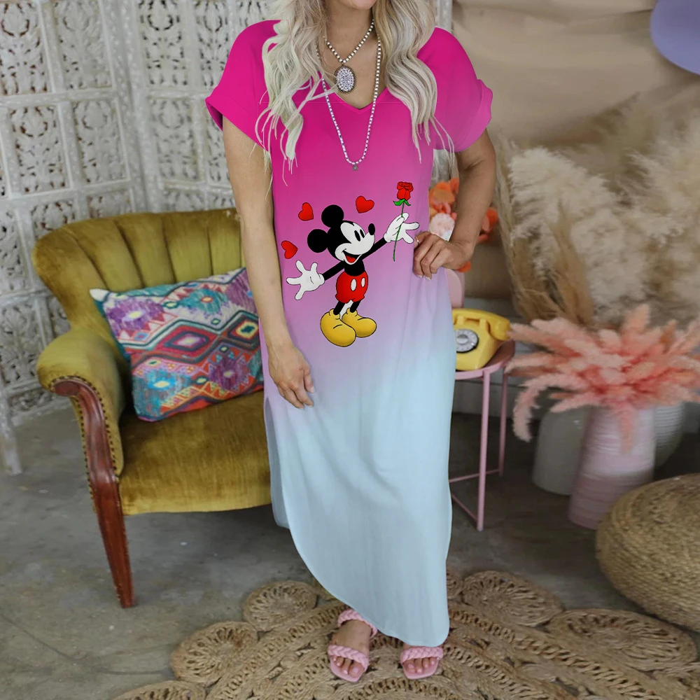 Elegant Dresses for Women 2022 Sexy Dress Minnie Mouse Mickey Fashion Split Skirt Print Robe Disney V-Neck Evening Party Maxi