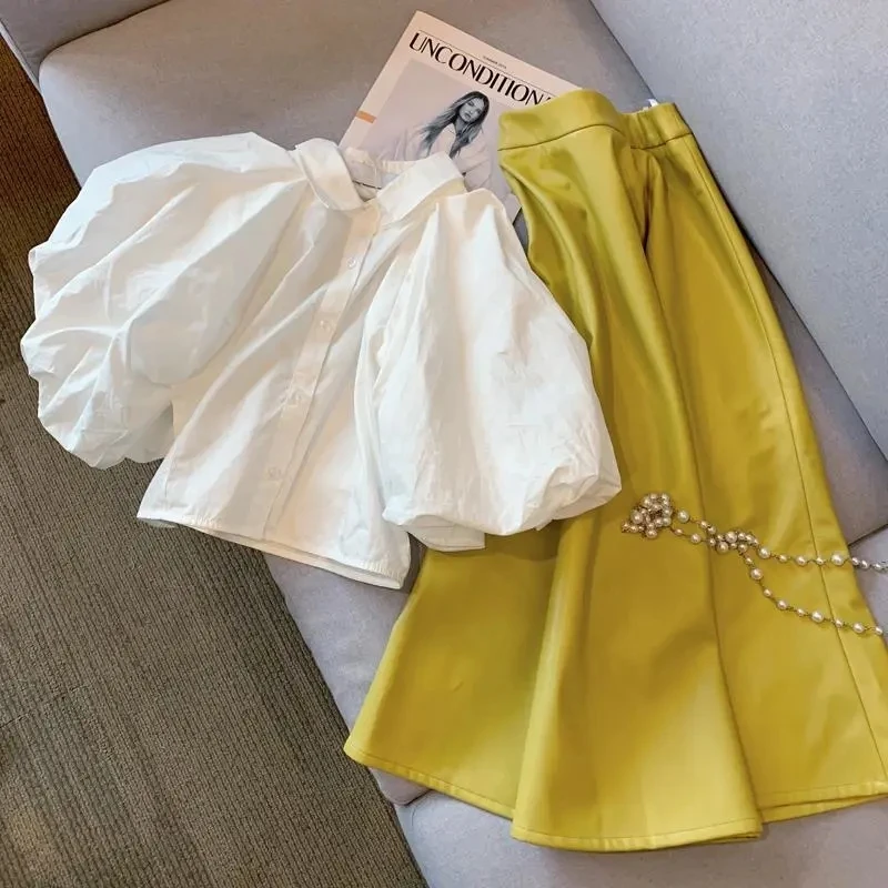 

2022 Summer Korean Women Suits Sweet Skirt Sets Puff Sleeve Elegant Turn-down Collar Blouse + High Waist A-line Skirts