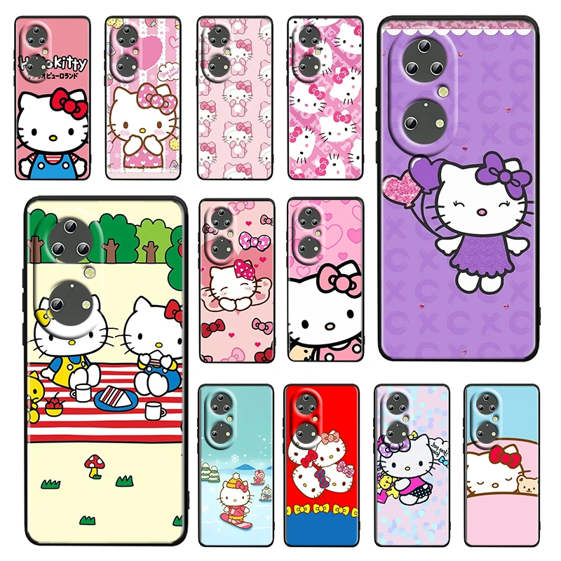 

Cartoon Hello Kitty Pink For Huawei P50 P20 P30 P40 P10 Pro Lite E Plus P9 Lite Mini Silicone Soft Black Phone Case Fundas Cover