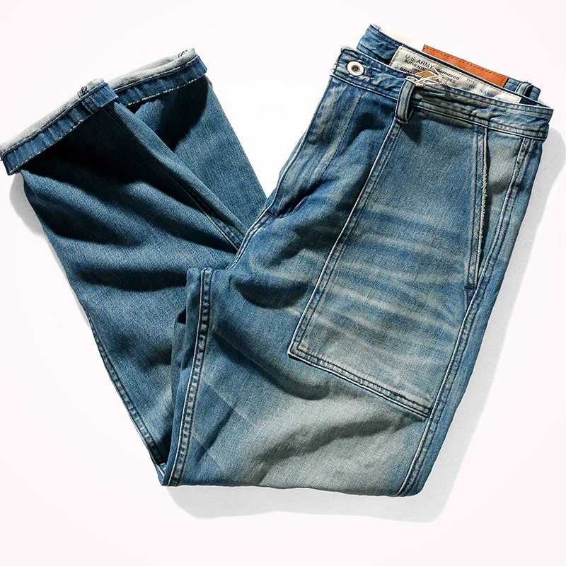 Cargo jeans men's duplicate straight cone retro do old washed stretch denim casual pants