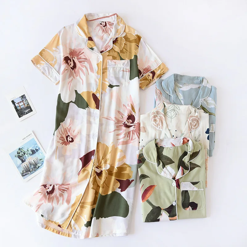 

Summer Thin Cotton Nightgown for Women Sleep Shirt Short Sleeve Sleepwear Boyfriend Nightshirt Button Down Pajama Dress M-XL