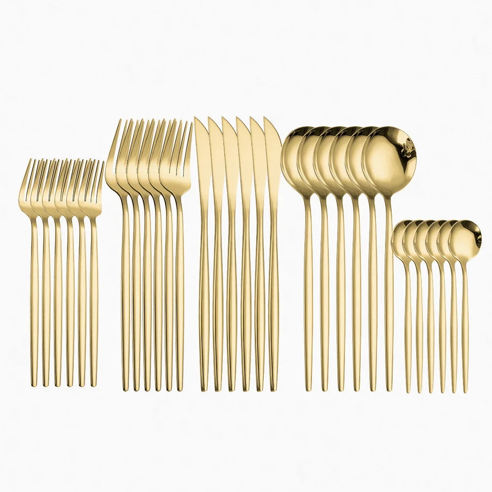 

Gold Dinnerware Set Knives Forks Spoons Stainless Steel 30Pcs Full Tableware Wedding Cutlery Set Kitchen Utensils Dessert Fork