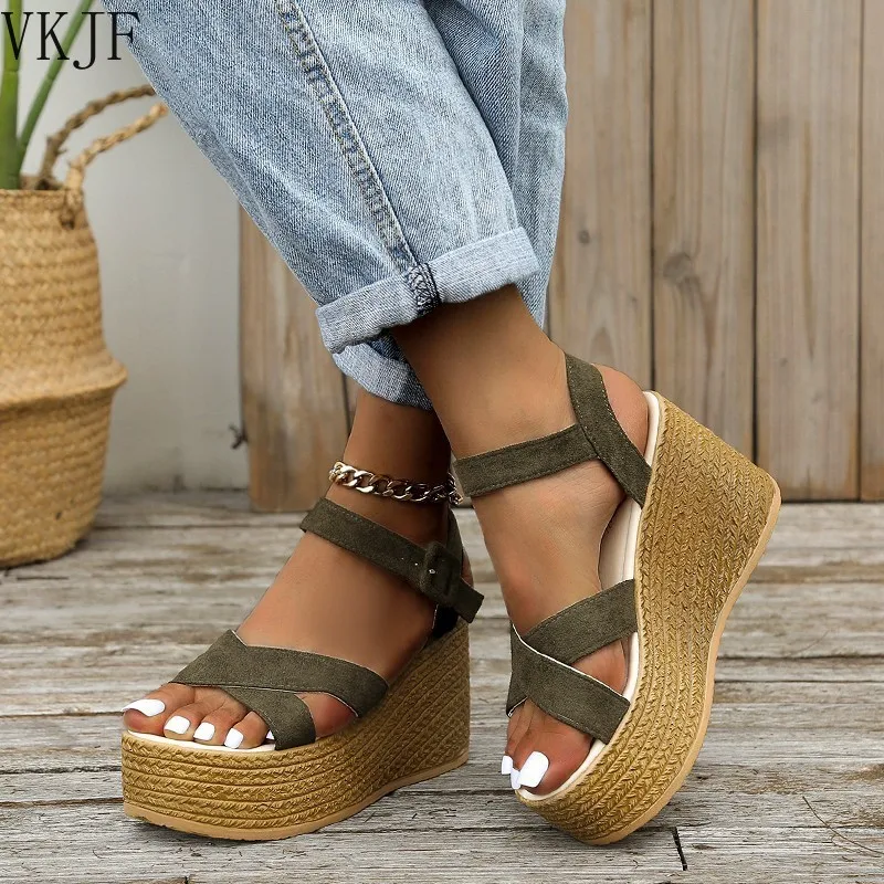 

2022 Summer Women Platform Hemp Sandals Female Thick Bottom Wedges Ladies Ankle Buckle Shoes Casual Footwear Plus Size 43