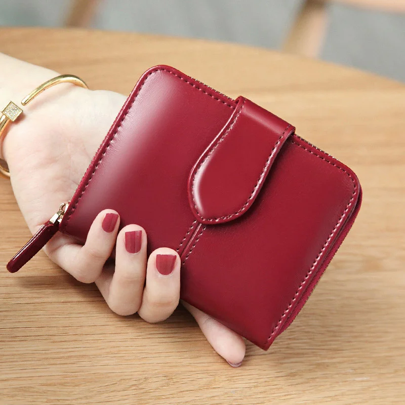 

Women Wallet Genuine Leather Small Short Card Holder Ladies Coin Purse Women Wallets 2021 Red RFID carteiras Money Bag