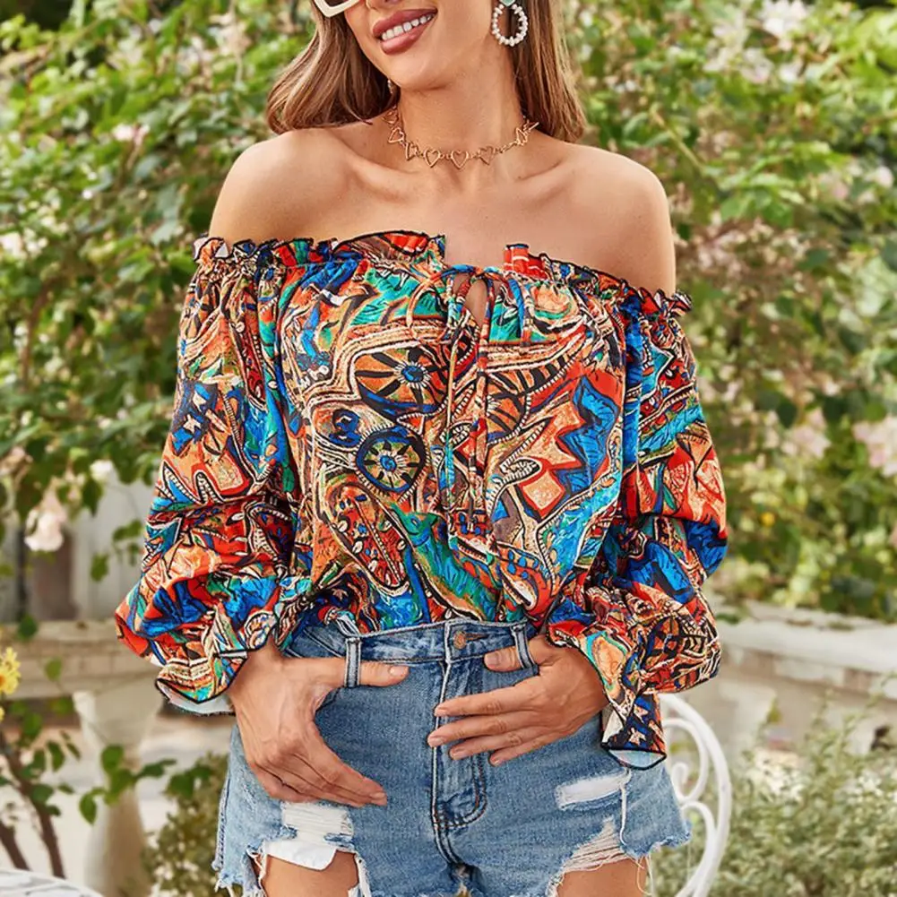 

Women Casual All Over Print Off Shoulder waistband Puff Sleeve Sexy Blouse