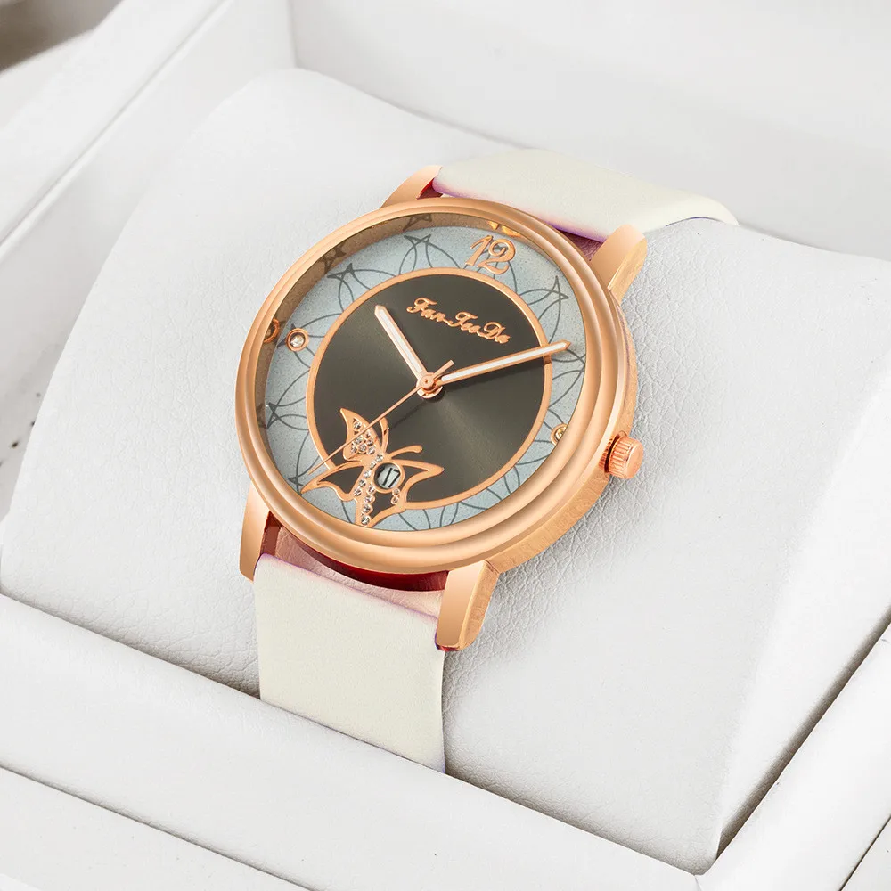 Simple Butterfly Crystal Dial Design Ladies Wristwatches Fashion Casual Women Flower Calendar Watches Woman Leather Quartz Watch