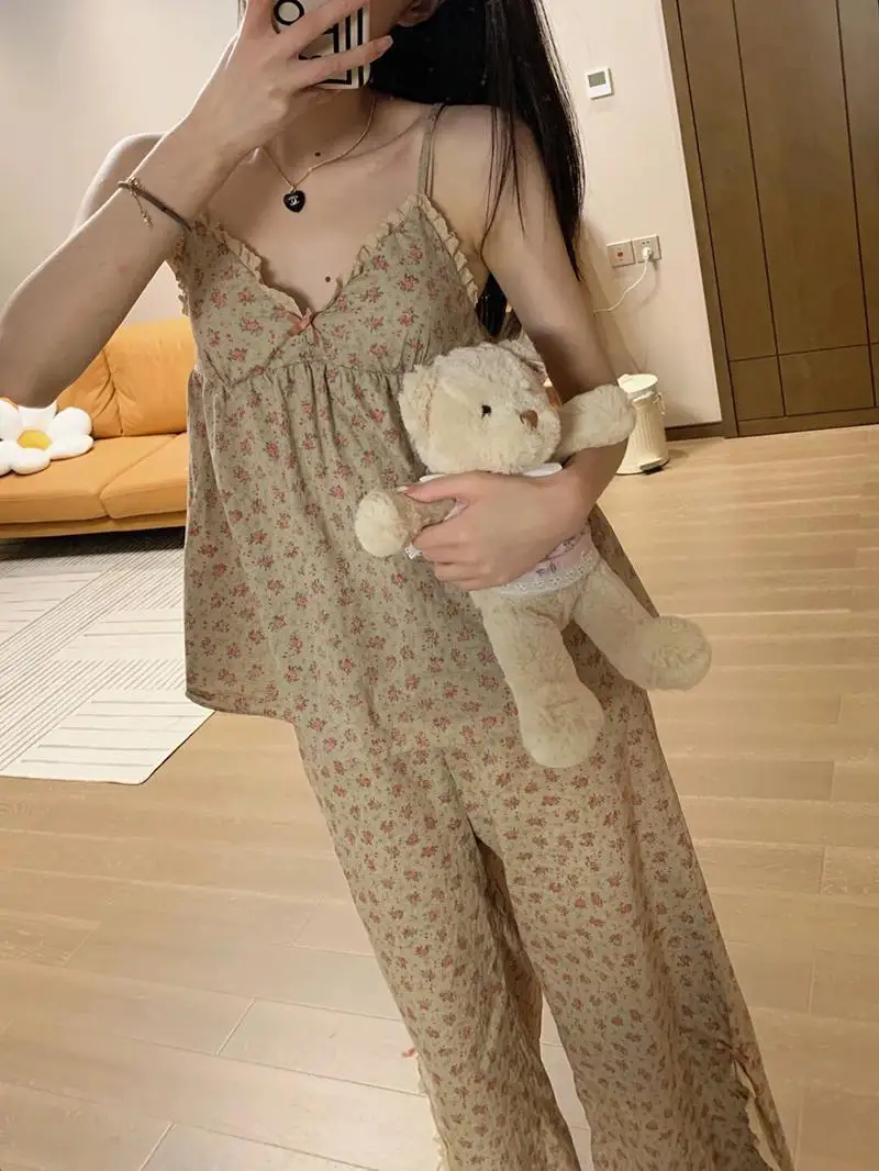 

Floral Print Trouser Suits Pajamas Woman Summer Home Suit 2 Piece Spaghetti Strap Camis Tops + Pants Vintage Loose Korean Kawaii