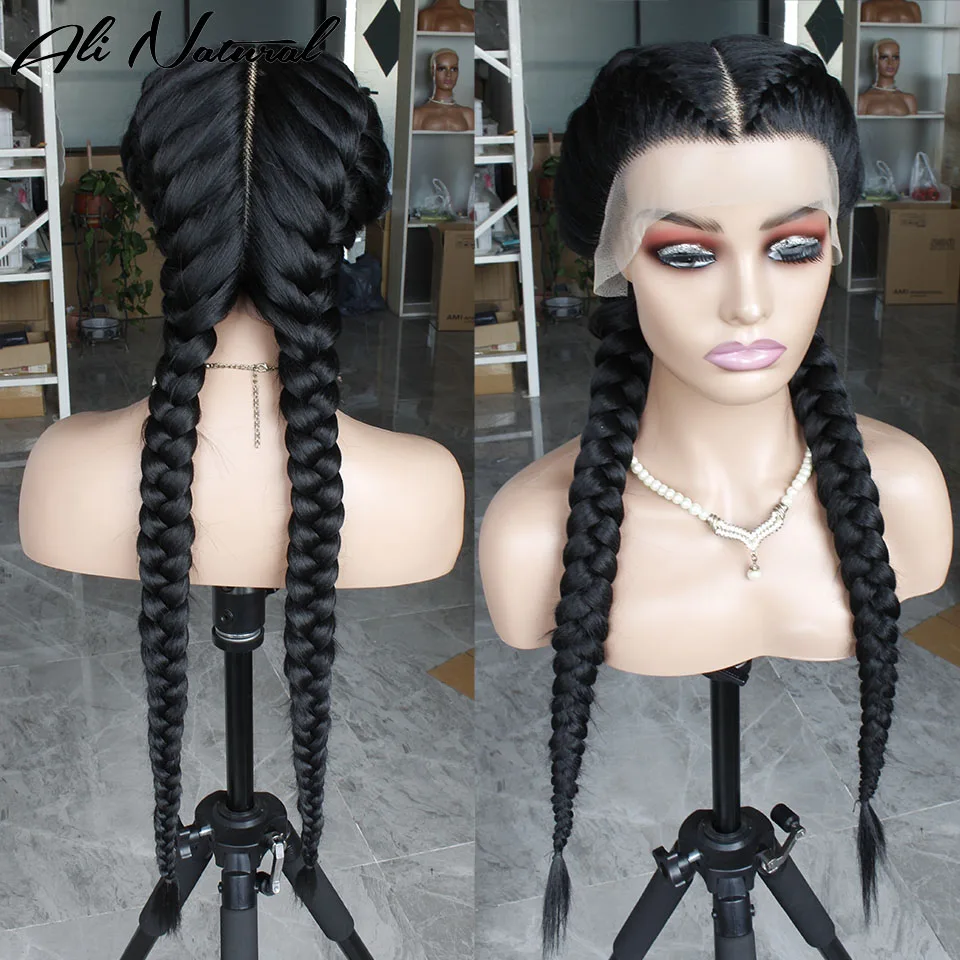 

Black 2 Braids Synthetic Braided Lace Front Wig For Black Women Glueless Long Dutch Twins Braids Lace Frontal Wig