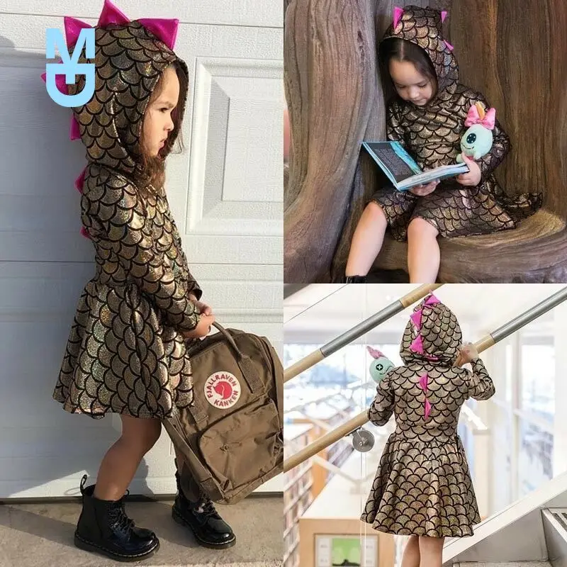 

New Arrival Gold Kids Baby Girls Clothes Party Dinosaur Dress Outfits Costume