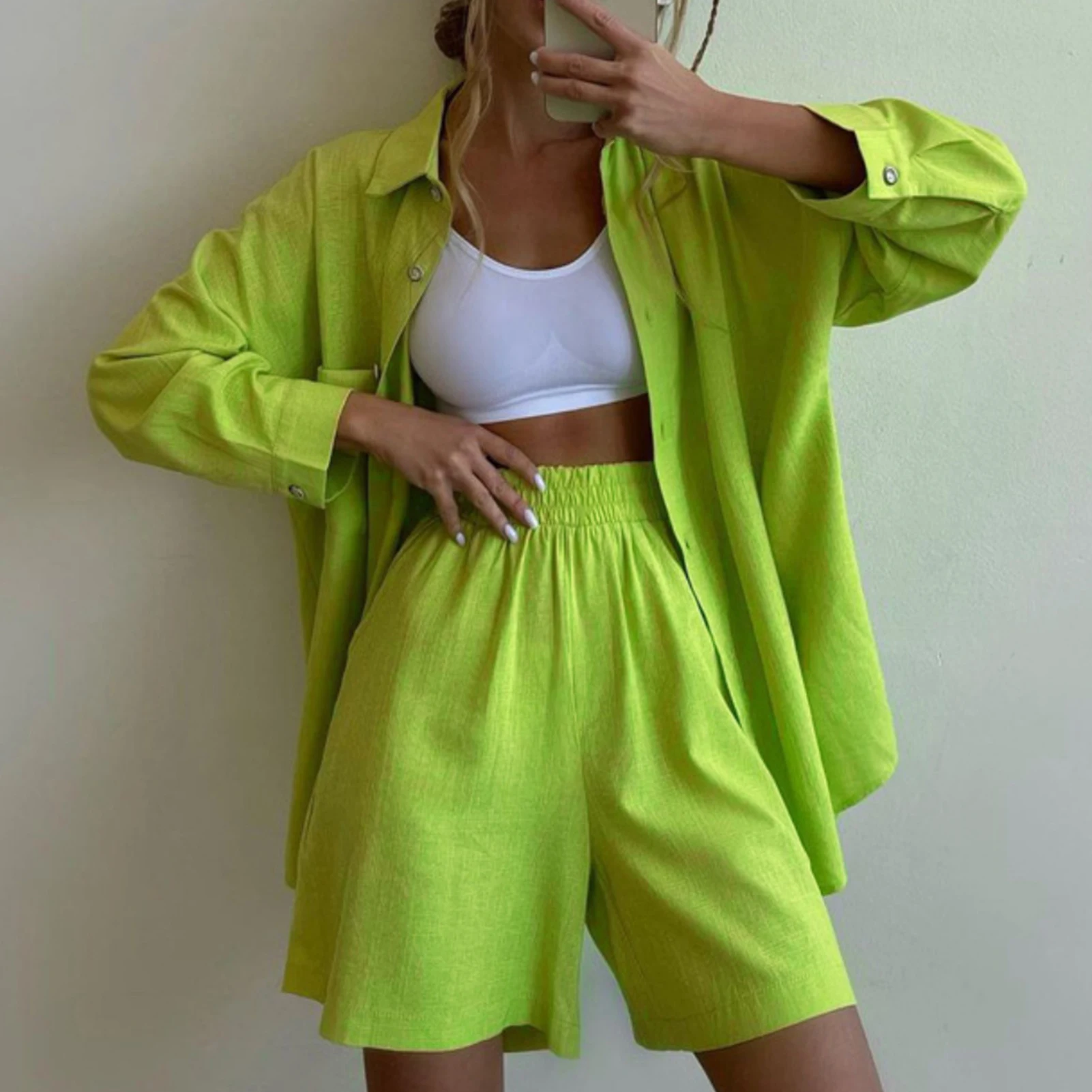 

Женский костюм с лацканами и шортами, однотонная хлопковая футболка с длинным рукавом и свободная рубашка, женский спортивный костюм, пляжн...