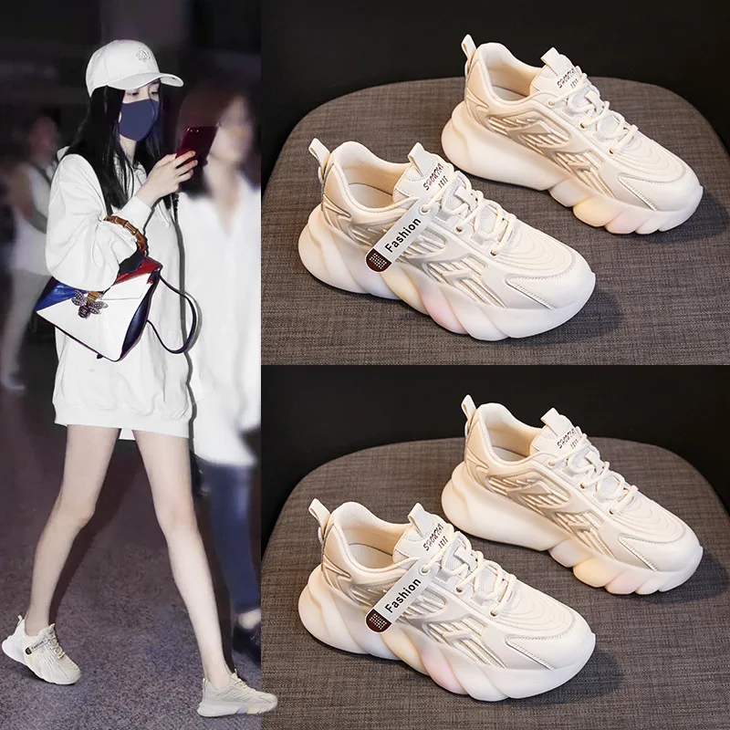 Inner Heightened Dad's Shoes Women's 2023 New Spring and Autumn Breathable Thick Sole Mesh Face Summer Small White Women's Shoes