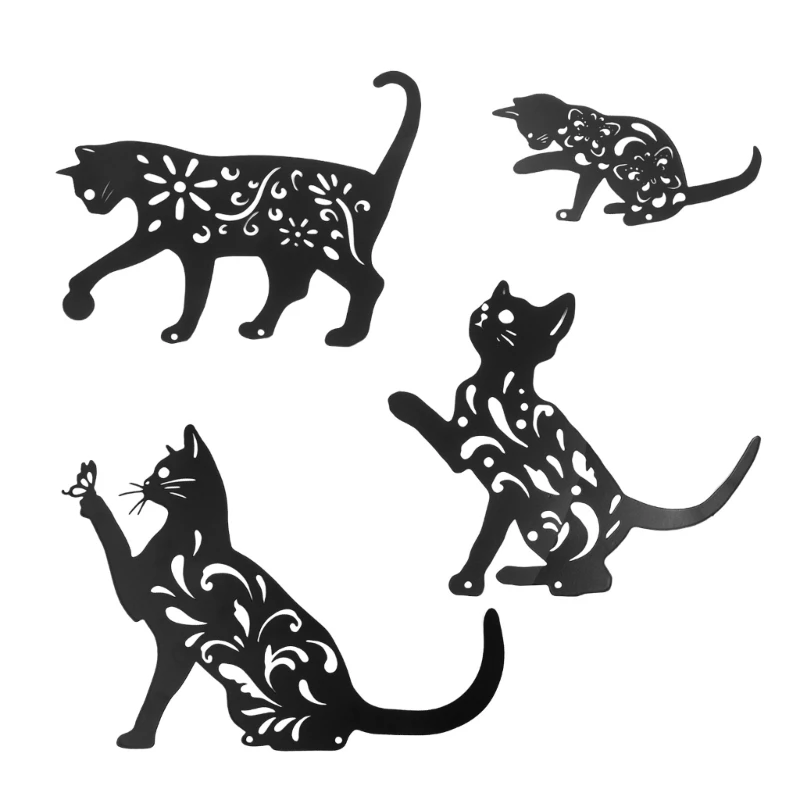 

4 Cats Silhouette Garden Stake Wrought Iron Plug in Stake Art Sculpture for Garden Ground New Year Decoration