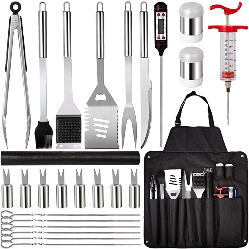 26-PCS Grilling Accessories Kit,Stainless Steel Heavy Duty BBQ Tools with Thermometer&Injector,Grill Utensils in Storage Apron