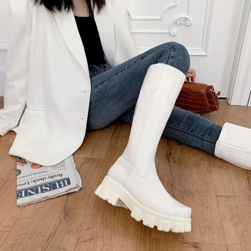 Bright Leather High Waterproof Platform Inner Heightened Round Toe Over The Knee-Length Boots Patent Leather Flat Heel Platform