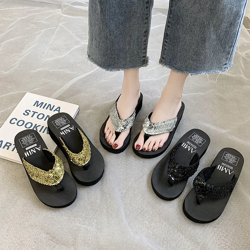 

2022 New Sequined Flip-flops Women Wedge Heels Thick Bottom Slippers Beach Shoes Slippers Clear Slippers Women Slipper Women