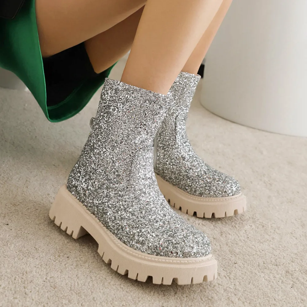 Women Chelsea Boots Shiny Sequined Cloth 2022 Autumn Winter Trend Thick-soled Women Ankle Boots All-match Marton Boots Ladies