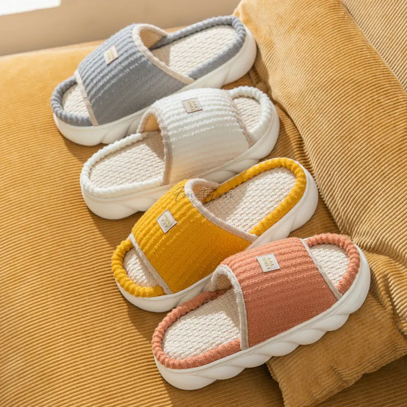 Casual Women Home Slippers Flax Solid Striped House Slippers Non-Slip Female Indoor Platform Shoes for Woman Bedroom Slippers
