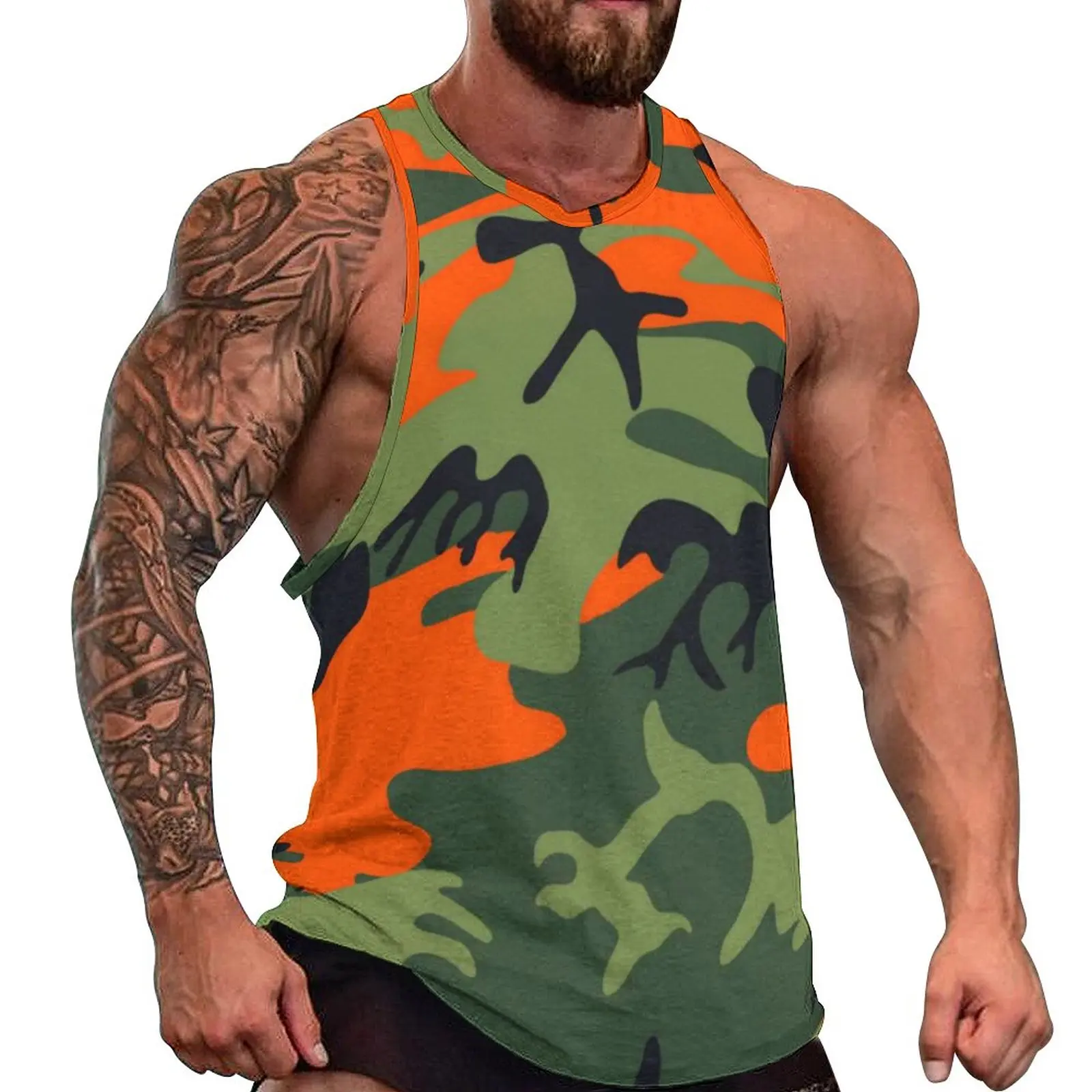 

Orange And Green Camo Tank Top Males Army Vector Camouflage Tops Beach Pattern Workout Vintage Oversize Sleeveless Shirts
