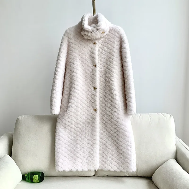 FURYOUME Winter Women Real Fur Coat Long Wool Jacket Natural Fur Parka Thick Warm Streetwear Outerwear Stand-up Collar Pocket