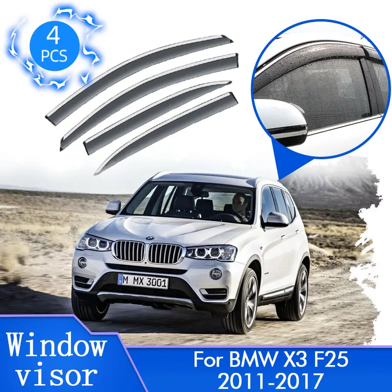 4 шт. для BMW X3 F25 MK2 M Sport 2011 ~ 2017, боковое окно, дверной козырек, дефлектор, защитная крышка, отделка ветрового стекла, аксессуары от солнца и ветра 4 шт. для BMW X3 F25 MK2 M Sport 2011 ~ 2017, боковое окно, дверной козырек, дефлектор, защитная крышка, отделка ветрового стекла, аксессуары от солнца и ветра