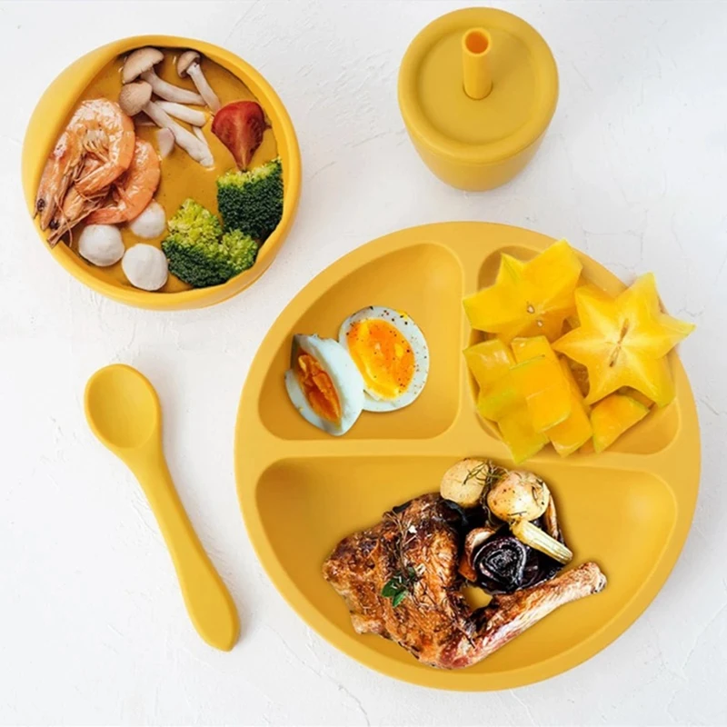 

Retro Kids Feeding Plate Silicone Sucker Bowl Baby Infant Safe Dining Plate Cute Cartoon Smile Face Children Dishes Tableware