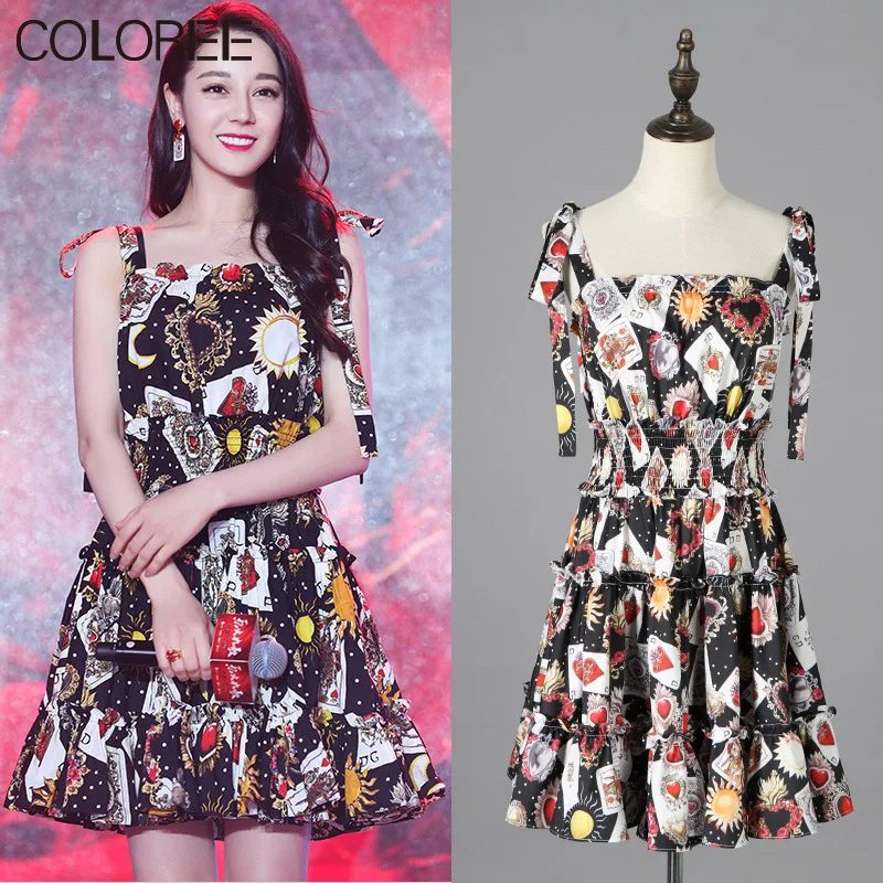 

Runway Designers Vintage Black Printed Dresses for Women 2022 Summer Elegant Ruffles Spaghetti Strap Mini Dress Chiffon Vestidos