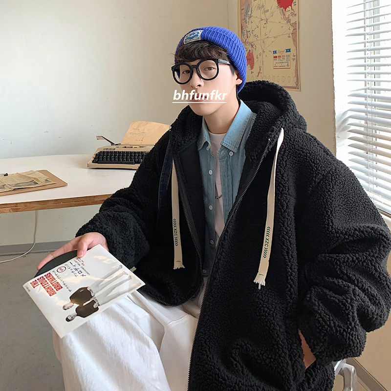 EOENKKY/Fleece Parkas Streetwear Lambswool Winter Jacket 2022 Windbreakers Hip Hop Patchwork Korean Fashions Zipper Coat