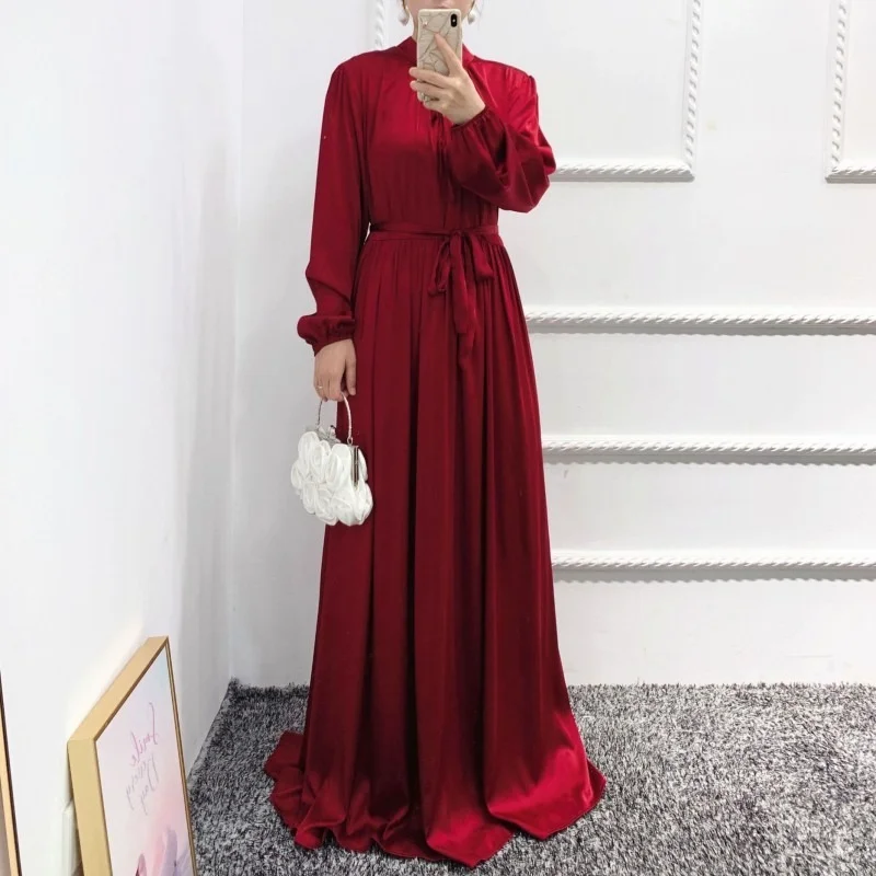 

African Dress For Women Spring Autumn Dubai Elegant Fashion Muslim Robe O-Neck Long Sleeves Solid Satin Big Swing Dress Vestidos