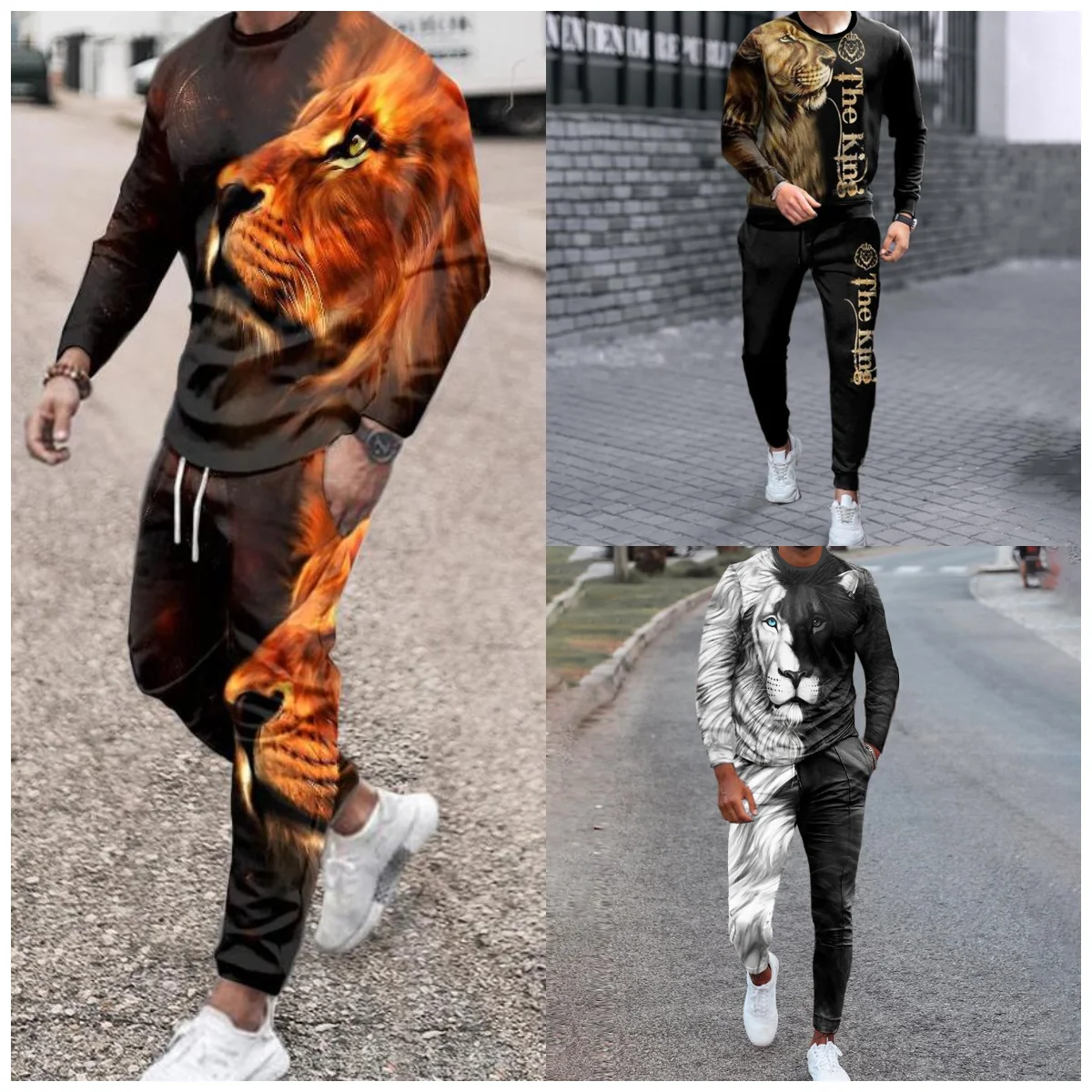 Sportswear Sumer Men's Set Lion Pattern Tracksuit Sports Suits Male Sweatsuit Long Sleeves T shirt +Pants Printing 2 pc sets