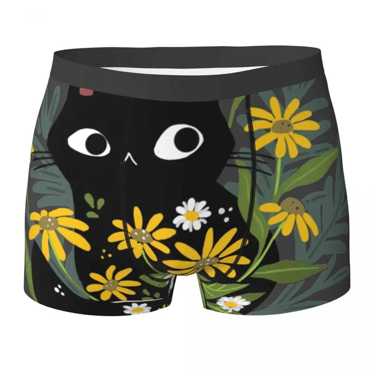

With Cat Underwear Black cat with flowers Male Shorts Briefs Breathable Trunk High Quality Design Oversize Panties