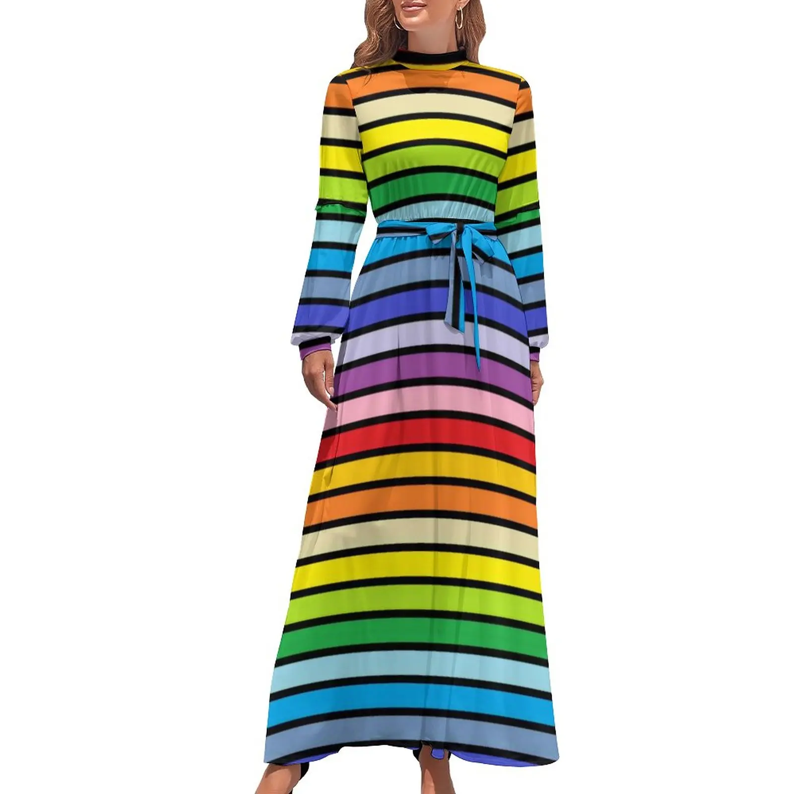 

Rainbow Stripes Dress Long Sleeve Black Outlined Broader Spectrum Kawaii Maxi Dress High Neck Aesthetic Bohemia Long Dresses
