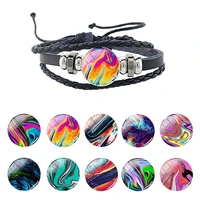jweijiao colorful pattern pu leather bracelet charm multilayer weave cord 18mm round glass cabochon snap button jewelry fhw594