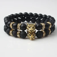 8mm natural stone leopard head man women bracelet frosted black stone volcanic stone silver bracelet for diy jewelry accessorie