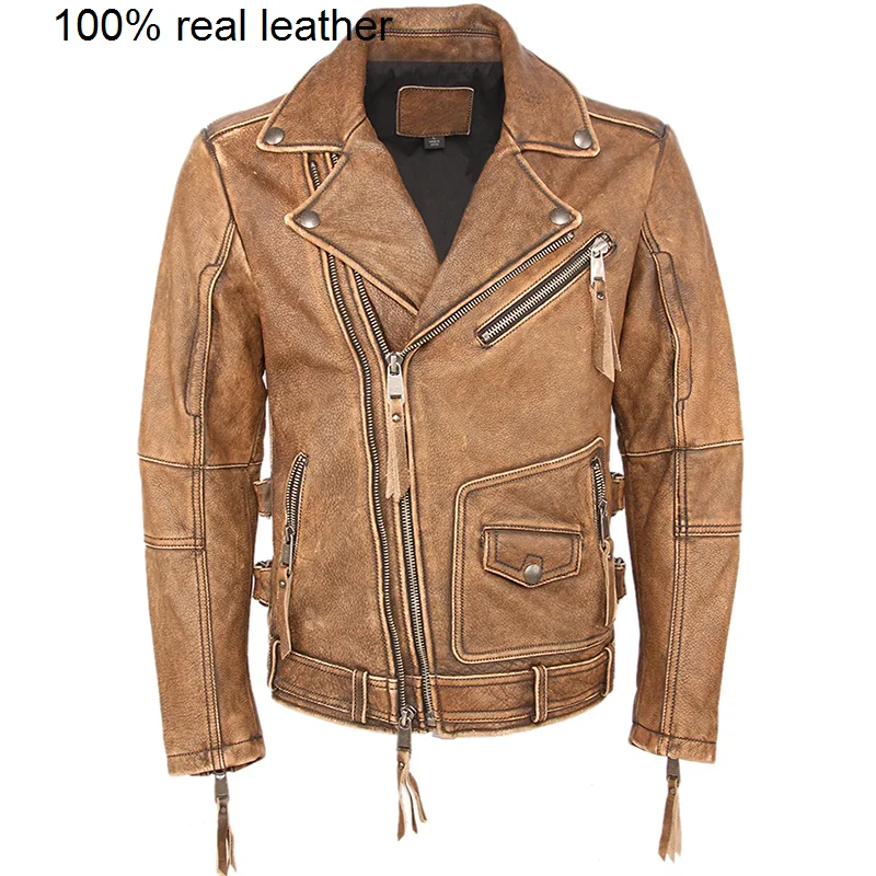 

Винтажная мотоциклетная приталенная Толстая Мужская байкерская куртка из 100% воловьей кожи, мужское кожаное пальто, зимняя теплая M455