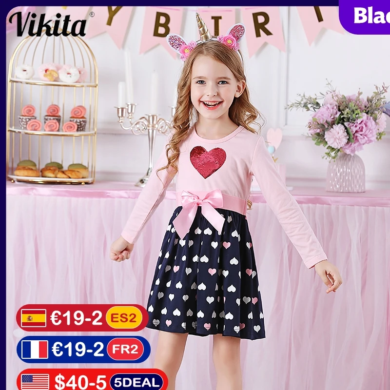 

VIKITA Girls Cotton Dress Long Sleeve Children Patchwork Vestidos Kid Dresses for Girls Clothes Toddlers Cartoon Princess Dress