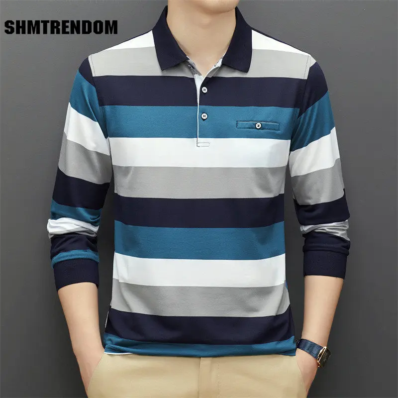 

Новинка, рубашка-поло из 95% хлопка, мужская одежда в разноцветную полоску с длинными рукавами на осень и зиму, мужская рубашка-поло в Корейск...