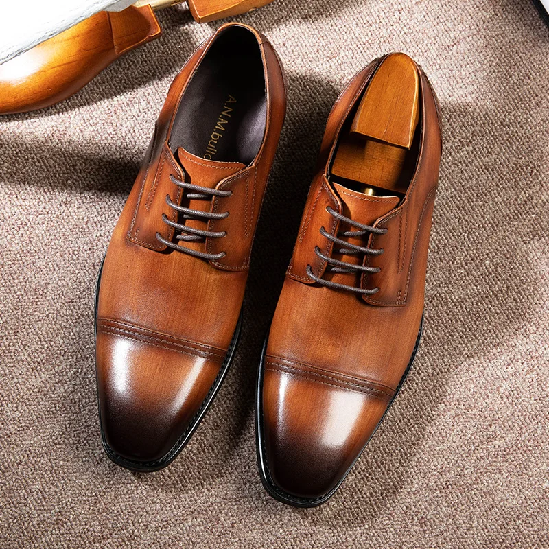 

Men High-end Derby Shoes Handmade Leather Classic Square Head Three-section Wingtip Lace Fashion Casual Retro Dress Shoes