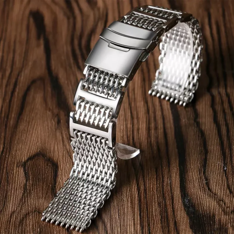 20/22/24mm HQ Shark Mesh Silver Stainless Steel Watchband Replacement Bracelet Men Folding Clasp with Safety Watch Band Strap