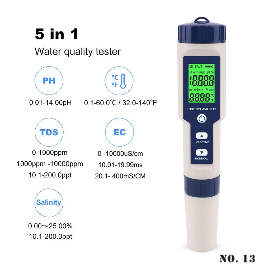 

Professional Digital Water Tester 5 In 1 PH/TDS/EC/Salinity/Temperature Tester Pen Waterproof Multi-Function PH Meter