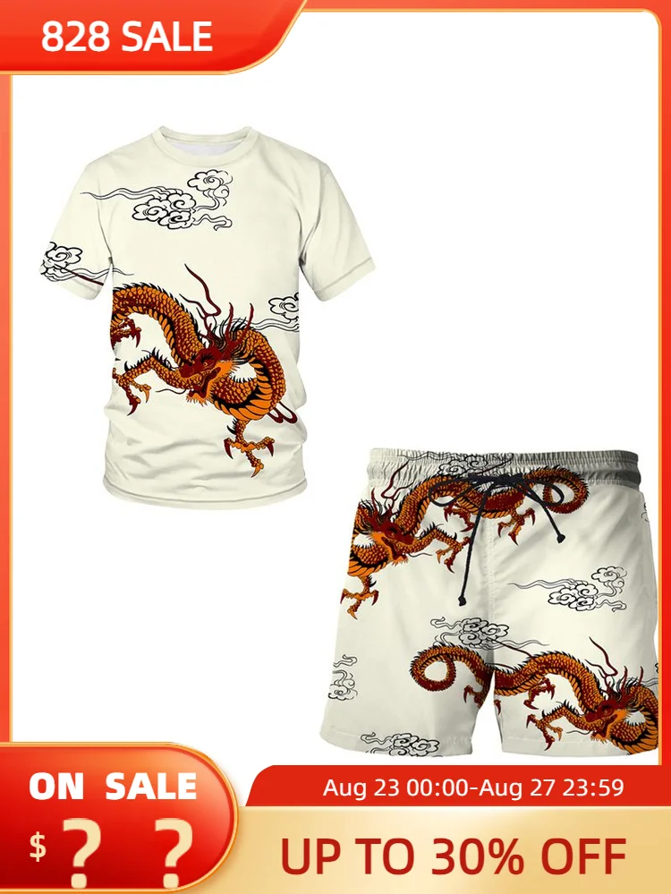 

Men's Sports Suit T-shirt + shorts Workout Clothes 2-piece Sets Dragon Totem 3D Creative Print Harajuku Short-sleeved Sportswear