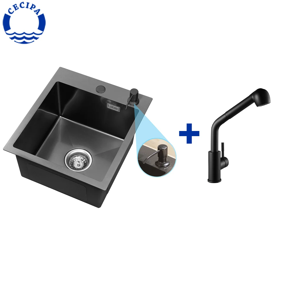 

CECIPA Black Kitchen Sink With Extendable Water Tap 40x45x22cm Single Bowl Wash Basin 360° Rotatable Kitchen Faucet