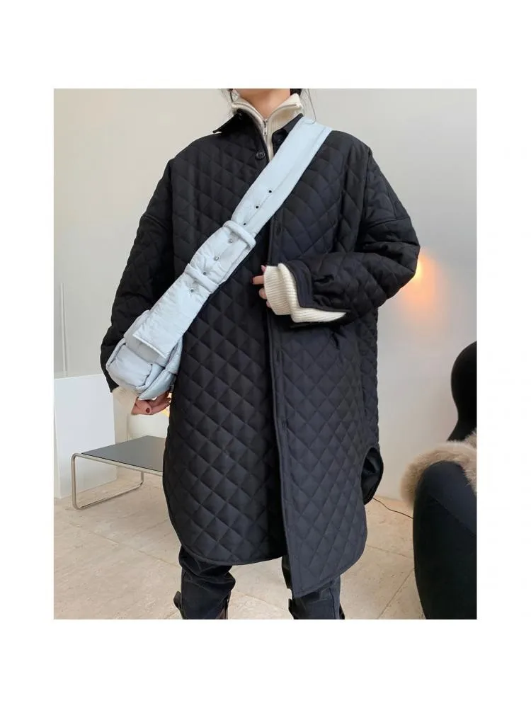 Winter New Fashionable Silhouette Plaid Shirt Style Quilted Black Long Parka Women 2022 Autumn Loose Single Breasted Warm Coat