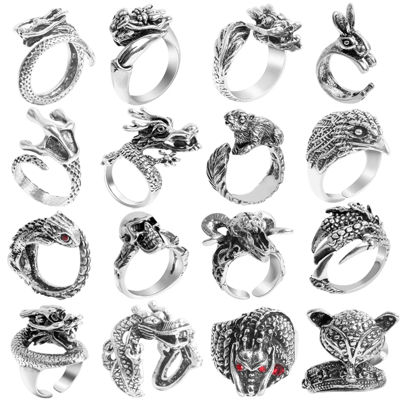 

Vintage Gothic Wolf Head Ring Men Bull Head Skull Spider Eagle Lion Dragon Cross Snake Men Ring Punk Jewelry Evil Eye Open Ring