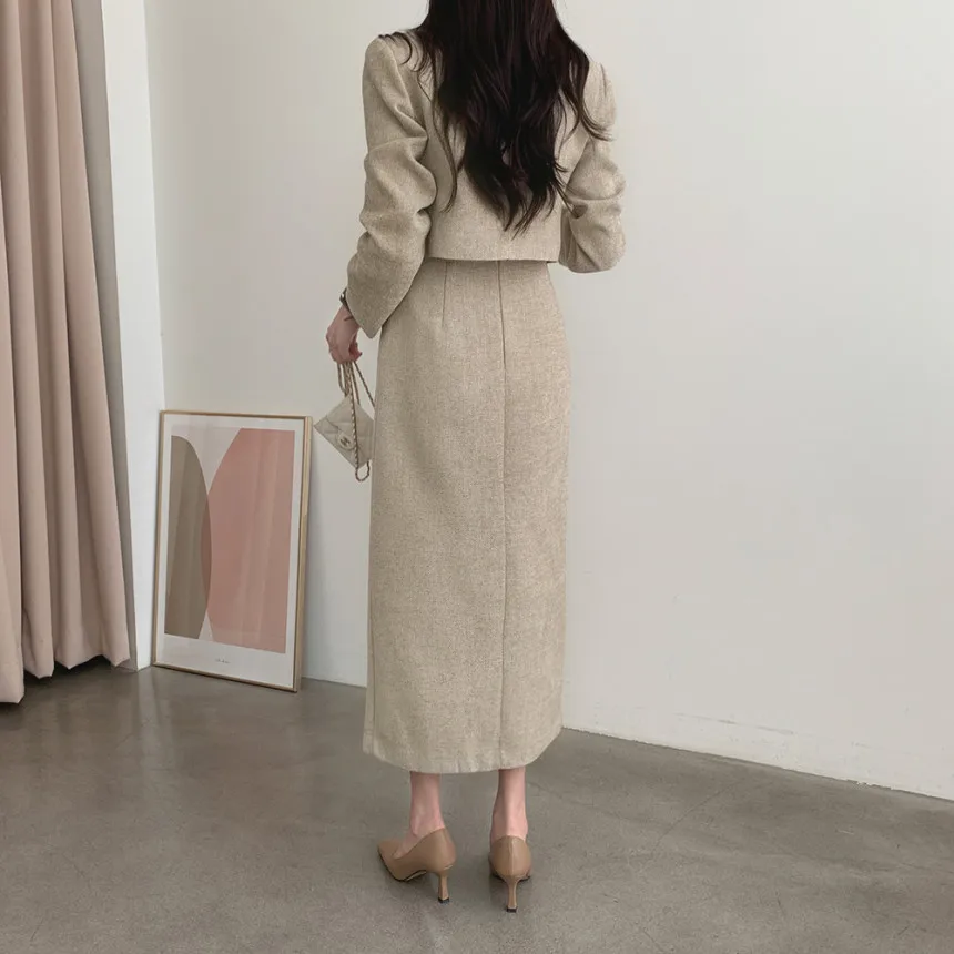 Elegant Black Khaki Tweed Two-Piece Skirts and Blazer Korean Long Sleeve Short Jacket Coat High Waist Long Midi Skirt Suits