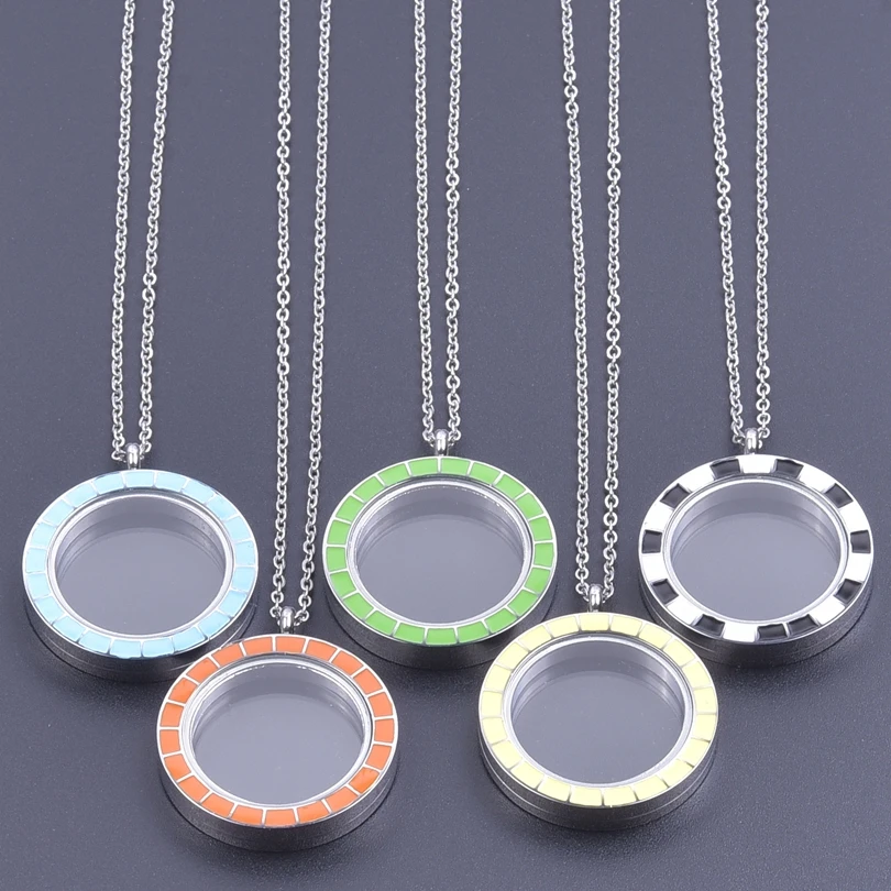 

One Piece Stainless Steel Necklaces for Women Drop Oil Colorful Glass Medallion Floating Locket Pendant 60cm Steel Chain Jewelry