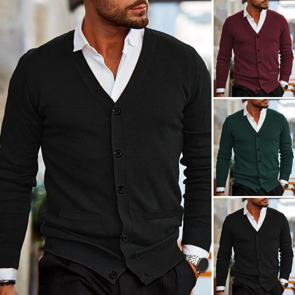 

Men Cotton Cardigan Sweater Jacket V Neck Solid Color Single-breasted Elastic Long Sleeve Buttons Casual Knitted Sweater Coat