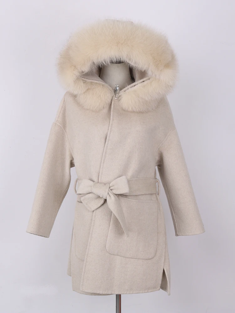 Winter Women Real Fox Fur Coat Cashmere Double Faced Wool Jacket Fashion Outerwear Ladies Oversized Hooded Coats Streetwear