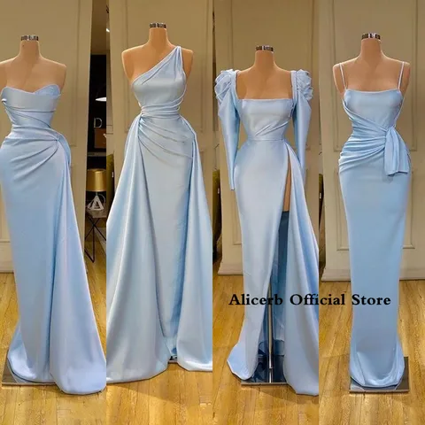 Светильник-Голубые Платья для подружек невесты, длинное атласное платье-футляр с разрезом для подружки невесты, свадебное гостевое платье, платья для выпускного вечера разных стилей, рекомендуется